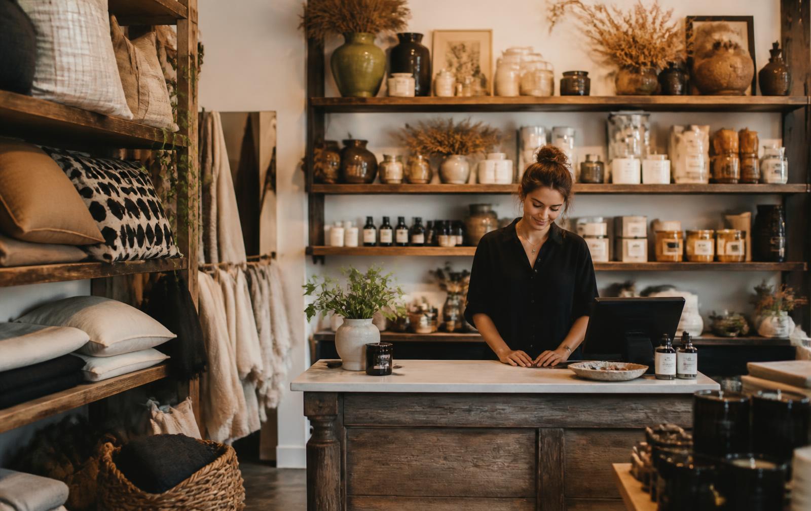 Commerçante au comptoir de sa boutique de décoration